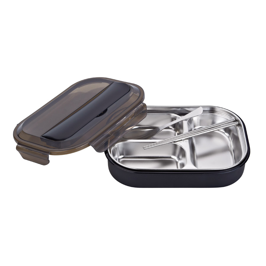 R-8845 黑色 美時不銹鋼套裝飯盒（3格）材質：PP+304不銹鋼 產品尺寸：（cm）長25.5x寬18.2x高6.